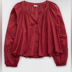 Aerie 100% Cotton Red Long Sleeve Crochet Button Down Shirt